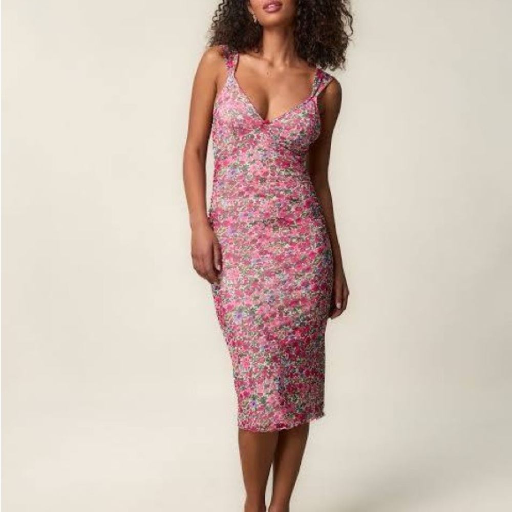 Rouje Pink Floral Slip Midi Dress with Delicate Straps